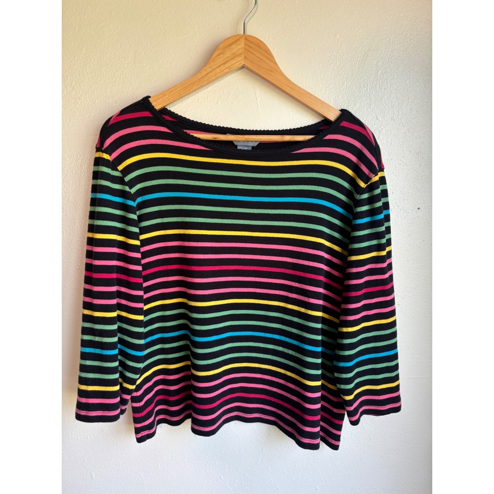 Koret Womens Large Black Rainbow Striped 100%‎ Cotton 3/4 Sleeve Top K11K6010M